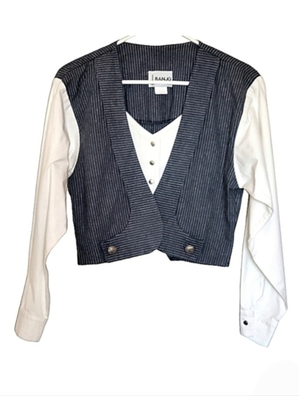 2111 * Banjo Vintage Western Vest Shirt Blue White Size S 80s